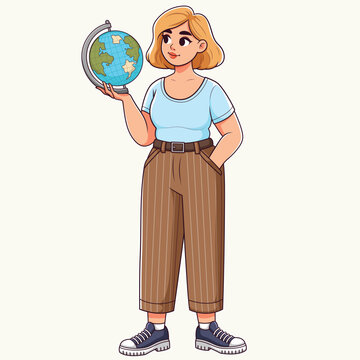 Cartoon Young Woman Holding Globe for Geography and Education Vector Illustration