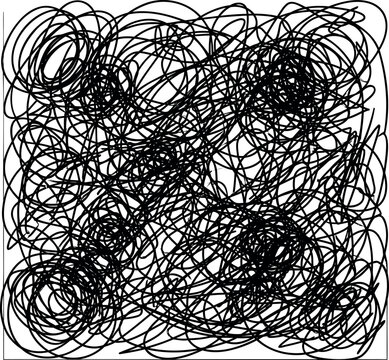 Messy black vector scribble illustration featuring complex chaotic hand drawn lines isolated on a clean and simple white background canvas