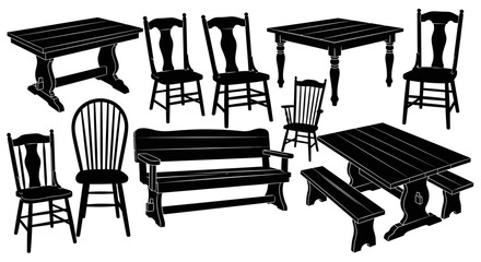 Fototapeta premium Black silhouettes of various wooden furniture with furniture pieces including including tables chairs bench armrests arranged illustration with background