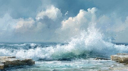 Fototapeta premium Expressive Oil Painting: Powerful Ocean Wave Crashing on Rocky Coastline Under Dramatic Sky