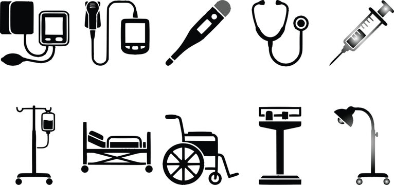 Set of medical equipment icons including blood pressure monitor, stethoscope, syringe, wheelchair, and hospital bed for healthcare concepts