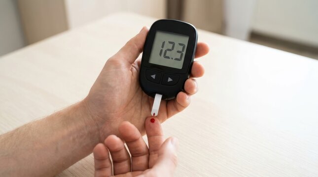 Close up of person using blood glucose monitor for finger prick test on wooden surface showing high reading.