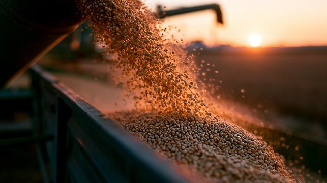 Soybeans being transferred from a combine into a trailer during a picturesque sunset, highlighting agricultural harvest efficiency.