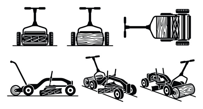 Lawn mower set, push reel cutters, garden equipment, vector illustration