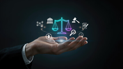 Obraz premium Professional hand presenting digital legal justice symbols and corporate compliance icons in modern virtual reality space with displays business person