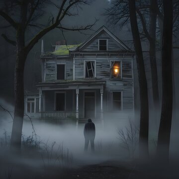 Persona misteriosa de pie frente a una antigua casa abandonada y tenebrosa rodeada de niebla y &aacute;rboles oscuros