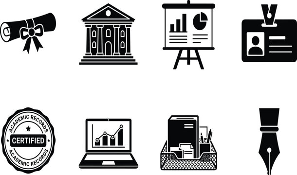 Business and Education Icon Set Black Silhouette Vector with Diploma University Building Presentation Board ID Badge and Laptop Chart