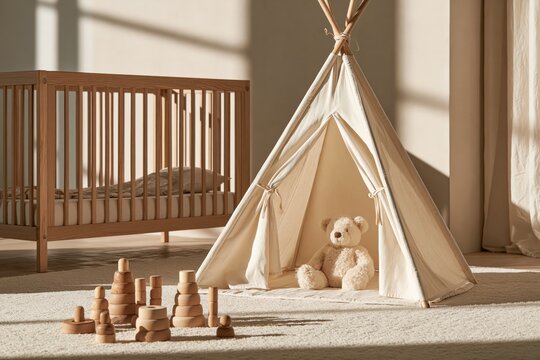 Child's natural wooden nursery with crib and teepee tent, featuring classic wooden stacking toys and a teddy bear