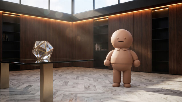 資産運用役員室でオブジェと佇むクレイ製マスコットの3D背景画像
