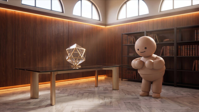 資産運用役員室で前傾姿勢をとるクレイ製マスコットとオブジェの3D画像