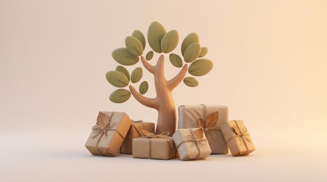 Sustainable Gift Wrapping and Eco Friendly Holidays, A tree with gifts symbolizes growth and generosity in a minimalist design.