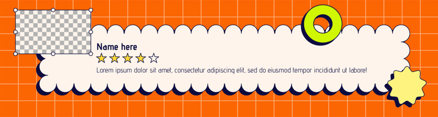 Naklejka premium Testimony layout with orange background. Neo brutalism style. Web banner size. Tiny elements.