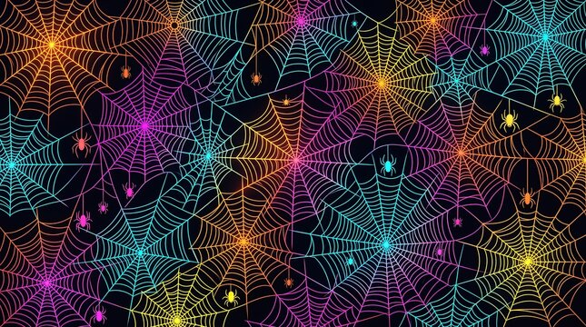Colorful neon spider web seamless pattern with hanging spiders on black background