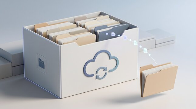 Digital document archiving concept showing files transferring to cloud storage box representing paperless office and data backup