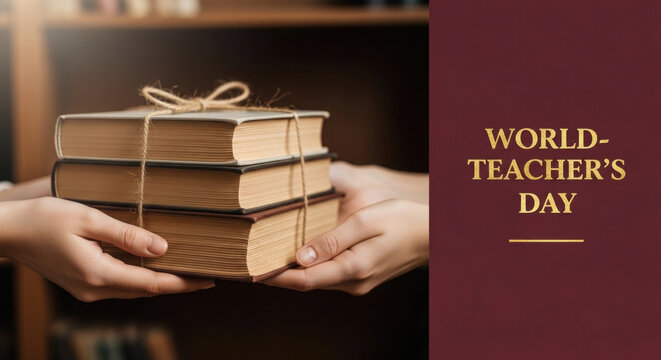 Hands presenting a stack of vintage books for World Teachers Day celebration