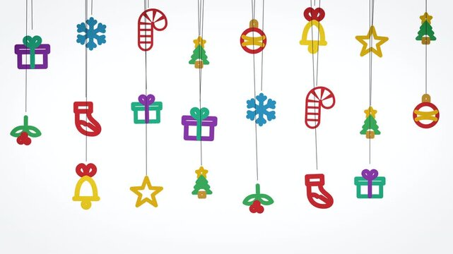 Festive icons and hanging Christmas ornaments drift across a clean white backdrop, delivering a cheerful minimalist 3D animation for holiday marketing and digital campaigns.