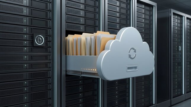 Cloud storage data center server rack with open drawer containing physical folders representing digital archiving and database migration