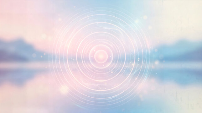 Abstract concentric ripple circles glowing over serene pastel water landscape