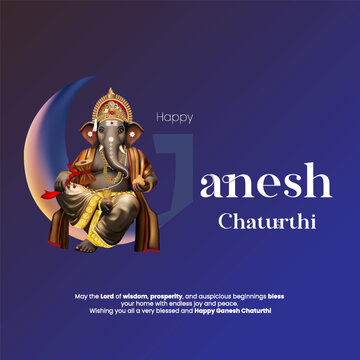 Happy Ganesh Chaturthi festival banner design featuring Lord Ganesha idol on crescent moon with golden crown, modak sweets, and devotional wish message isolated on dark gradient background.