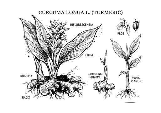 Curcuma Longa Turmeric Botanical Life Cycle Diagram Hand Drawn Rough Sketch Vector Illustration