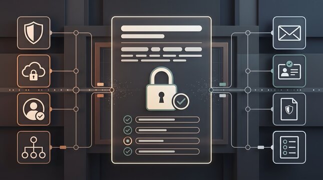 Cybersecurity compliance dashboard featuring padlock icon and checkmarks representing secure data protection and privacy policy