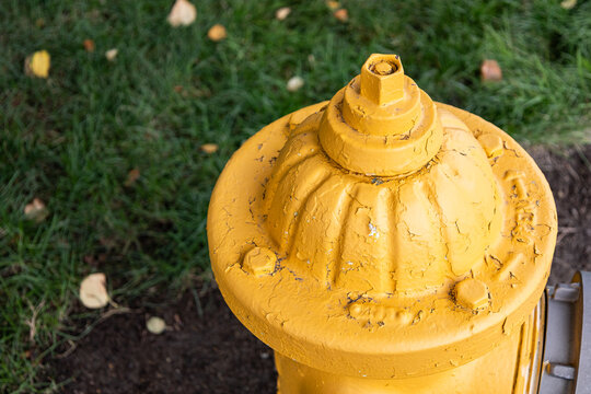 Close-up of weathered yellow fire hydrant with peeling paint