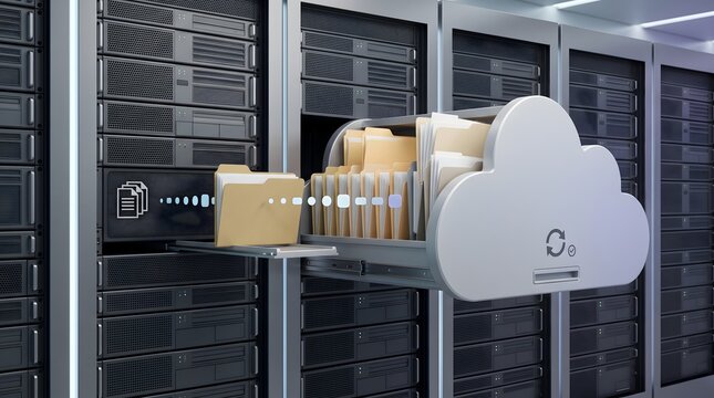 Database server migration concept featuring cloud storage drawer and folders representing secure enterprise data backup solutions