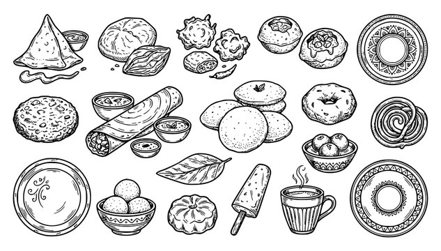 Indian Street Food Doodle Set Sweet Salty Dish Line Art Vector Collection
