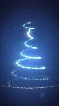 Glowing blue particles spiral upward to form a luminous Christmas tree on a starry background, creating a magical cinematic animation for holiday marketing and social media.