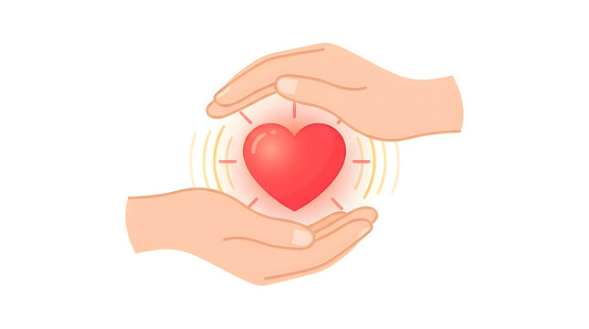 Two hands gently holding a glowing heart symbol illustration design