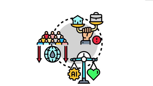 Concept portraying a hand balancing a house and briefcase, along with a scale weighing artificial intelligence a heart, representing the intricate process of evaluating pros and cons