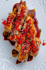 Baked salmon maki rolls with caviar and sauces © Cavan