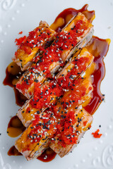 Gourmet torched salmon sushi with tobiko roe © Cavan