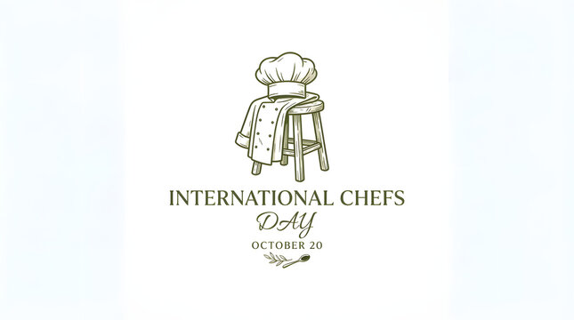 International Chefs Day celebrates with chef hat and coat on wooden stool for culinary event.