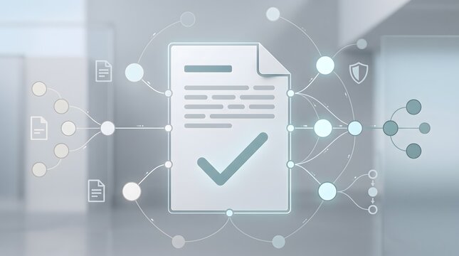 Smart contract verification document with glowing checkmark representing automated digital compliance workflow