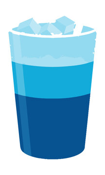 Stylized blue iced drink with a straw in a transparent cup with bold flat color blocks isolated on white. Refreshing summer beverage concept