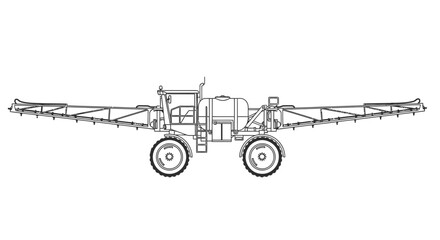 Side view of a large farm sprayer with extended boom with viewed side against white background detailed line drawing line art agriculture with industrial © Tithi