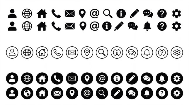 Clean minimalist website interface, communication, contact and utility icon set arranged in three horizontal rows on a pure white background