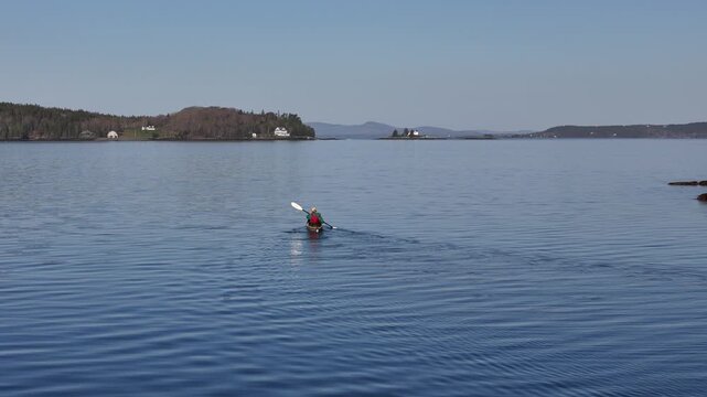 Person enjoys kayaking on a calm ocean bay, Deer Isle, Maine