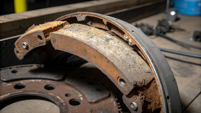 Close-up of a heavily corroded brake shoe and rusty brake drum showing oxidation, surface deterioration, and automotive brake component wear.