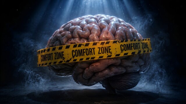 Human brain wrapped in yellow comfort zone caution tape on a dark moody background.