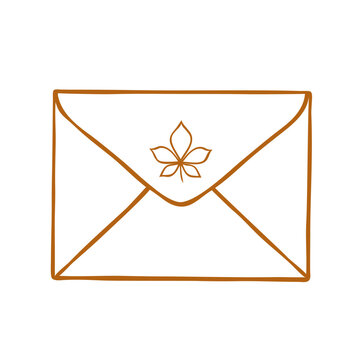 Line art vector illustration of an envelope with horse chestnut leaf. Hand-drawn clip art for seasonal sticker, mail packaging, autumn card, or stationery projects. Postcrossing element.