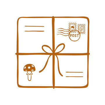 Line art vector illustration of small parcel with autumn symbols. Hand-drawn clip art for mail sticker, postal packaging, or stationery projects. Template for blind box of the book club.