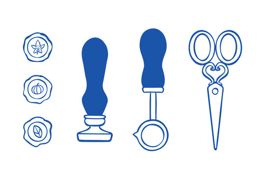 Hand-drawn outline illustration set of a wax seal kit. Line drawing of wax seal stamps with autumn symbols, metal stamp with a handle, melting spoon, scissors. Clip art for stickers, print, logos.