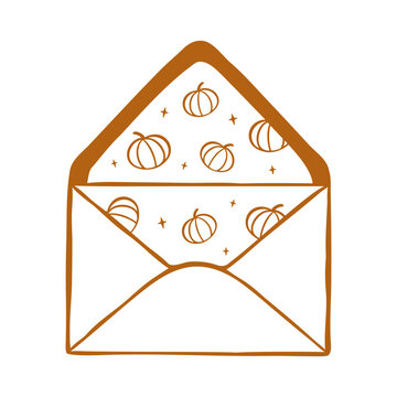 Hand-drawn line art vector illustration of an open envelope with pumpkin pattern. Outline clip art for seasonal sticker, mail packaging, autumn card, or stationery projects. Postcrossing element.