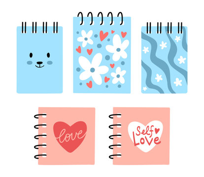 Flat vector illustration collection with cute notebook covers. Minimalist drawing for web design, back to school stickers, and print stationery. Set of organizing supplies.