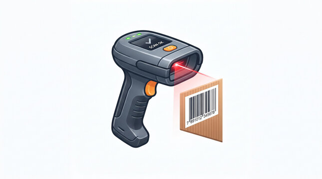 Handheld barcode scanner device scanning QR code or barcode on cardboard box packaging vector illustration isolated on white background