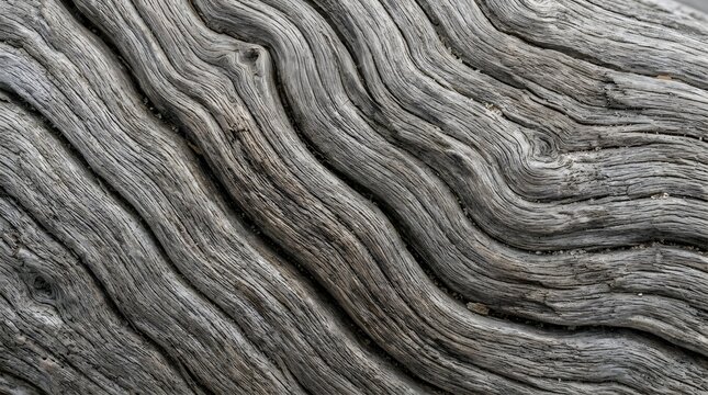 Weathered driftwood texture with wavy grain patterns, aged gray wood surface, natural organic timber background for rustic design