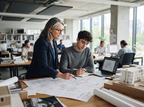 Senior female architect mentoring a young apprentice, pointing at blueprints on a desk in a modern design studio. Concept of teamwork, learning, and professional business mentorship.