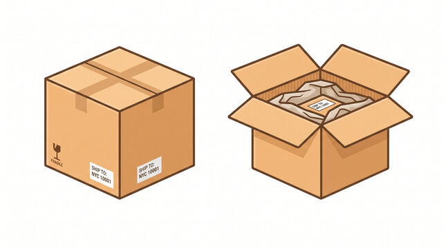 Illustration of a closed cardboard shipping box next to an open box with packing materials and a label